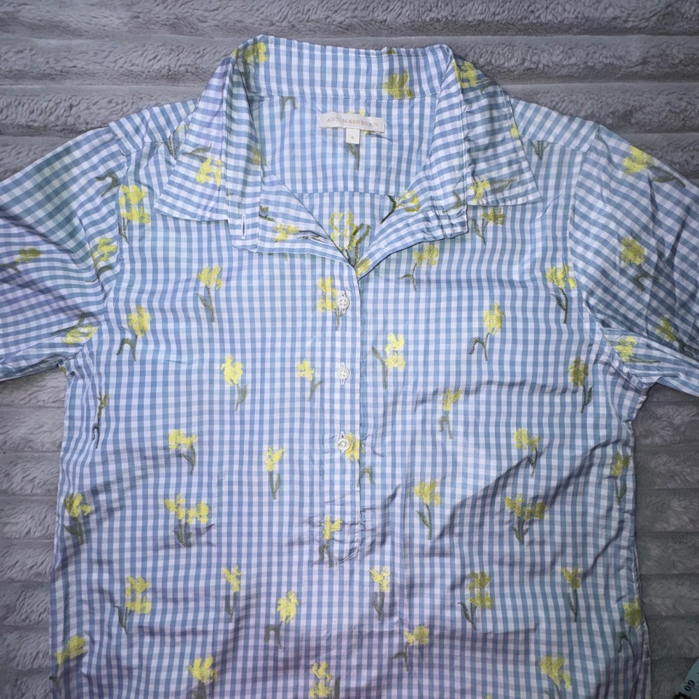 Ann Mashburn Women's Small Blue Gingham Floral Popover Shirt Dress Pockets Swish - Picture 10 of 14